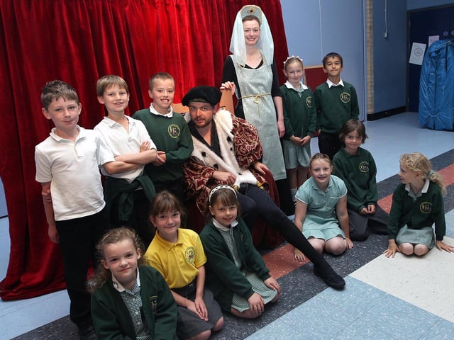 2008: East Hunsbury Primary School who have gained an Artsmark award. Pictured is a Working Space Theatre company with some of the pupils.