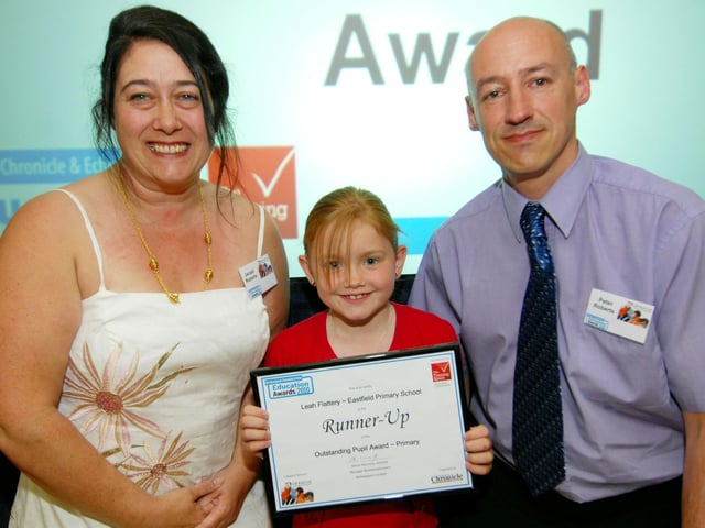 2010: Term Time Education Awards at Freemasons Hall and Conference Centre, St Georges Ave, Northampton. L-R Jacqui Roberts, Leah Flattery (Eastfield Primary School - Outstanding Pupuil Award - runner-up) and Peter Roberts.