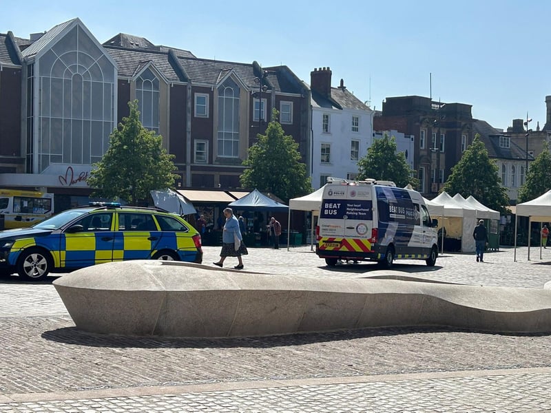 Northamptonshire Police's beat bus is parked in Market Square today (Tuesday May 20).