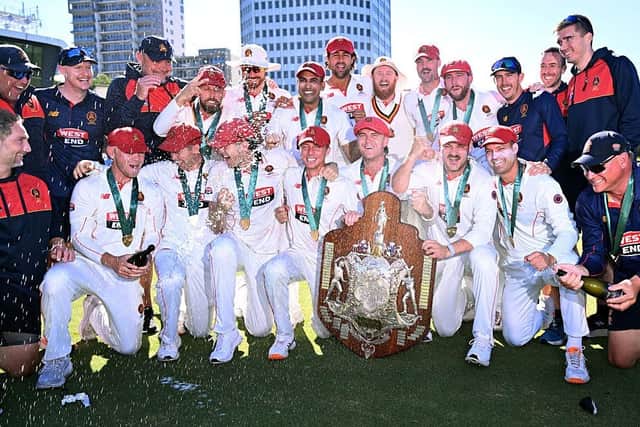 Nathan McSweeney and his South Australia team-mates celebrate their Sheffield Shield Final success