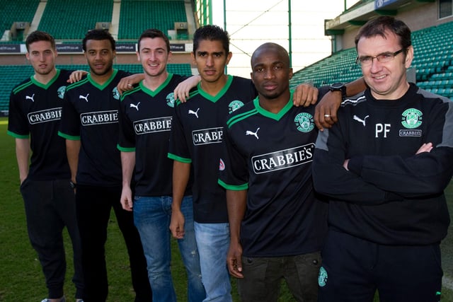 One of these players moved for more than £14million. No Hibs fan would have paid £14 for any of those featured. Pat Fenlon is standing with Matt Doherty (the £14m+ player), Tom Soares, Roy O' Donovan, Jorge Claros and Pa Kujabi.