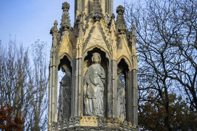 The 'queens' on the Eleanor Cross in London Road, Northampton .