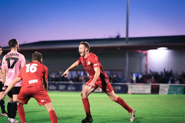 Adam Rooney shows his delight after scoring Brackley Town's dramatic stoppage-time winner against Curzon Ashton last weekend. Picture by Josh Nesden