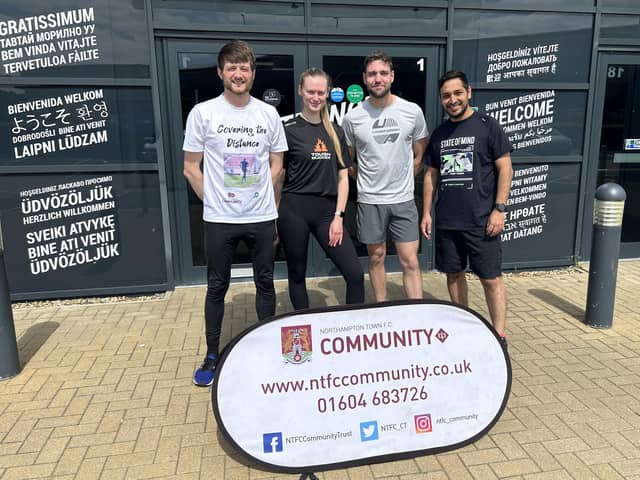 Damon Fox, pictured with Ellie Smith, Adam Steel and Inder Prakash from Decathlon, ahead of a five kilometre run to get him closer to the finish line.