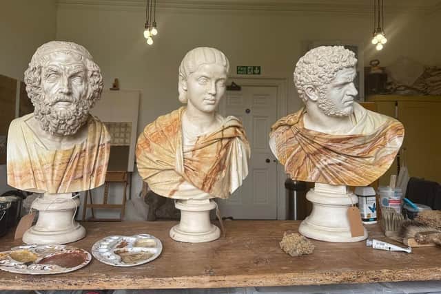 Homer, Empress Salonina & Caracalla are being painted with an alabaster and red Jasper effect.