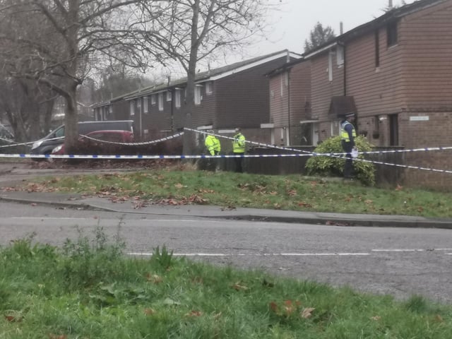 This was the crime scene in Flaxwell Court, Standens Barn, on Thursday at 3pm, where police were investigating the murder of a man in his 20s.
