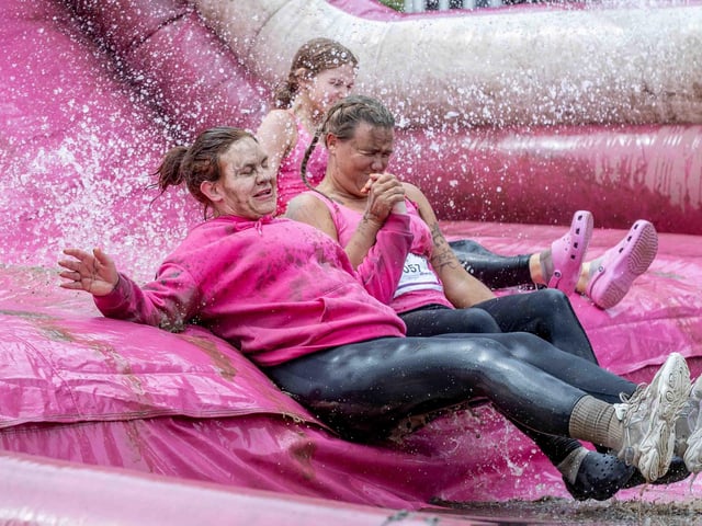 All smiles as participants tackled obstacles during Race for Life's Pretty Muddy on Saturday July 13, 2024 in Abington Park.