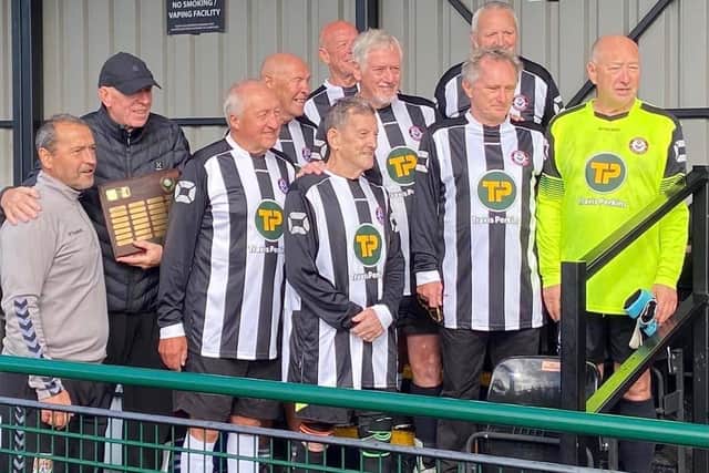 Moulton Masters Over-70s pictured with Cobblers assistant boss and former Scotland international Colin Calderwood (Picture courtesy of Moulton Masters' Facebook page)