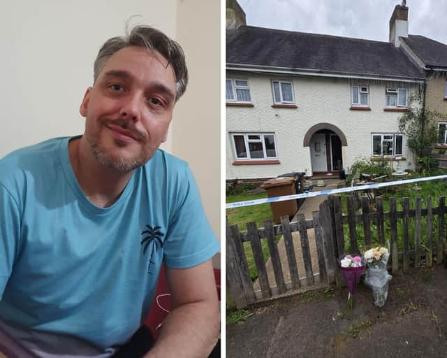 Darren's family have released this picture of him (left) following his death on Sunday. Flowers have been left at the scene in Birchfield Road, Wellingborough (right)
