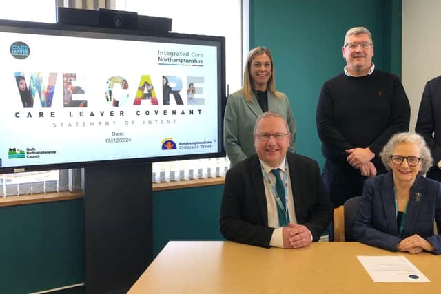 Partners from Integrated Care Northamptonshire sign the Care Leaver Covenant. Pictured is (back row) Adele Wylie, Chief Executive officer, North Northamptonshire Council, Cllr Scott Edwards, North Northamptonshire Council's Executive Member for Children, Families, Education and Skills, and Toby Sanders, Chief Executive, NHS Northamptonshire ICB, and (front row) Colin Foster, Chief Executive, Northamptonshire Children’s Trust and Naomi Eisenstadt, Chair of Northamptonshire ICB