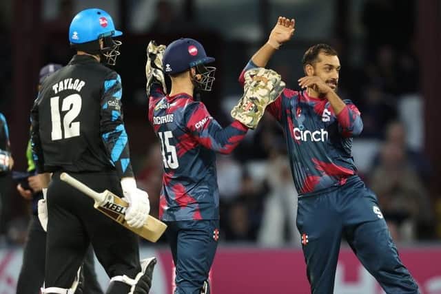 Saif Zaib celebrates claiming thw wicket of former team-mate Tom Taylor in Friday's win over Worcestershire Rapids (Photo by David Rogers/Getty Images)