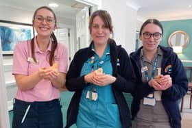 From Left: Activities co-ordinator Skye, and district nurses Vicky and Bethanie enjoying a cuddle.