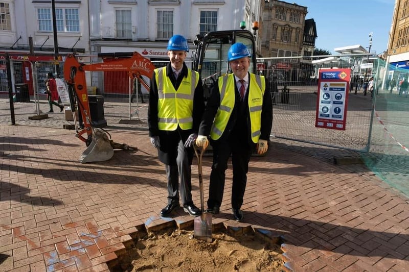 Works to refurbish the Market Square began on Monday (February 6). Pictured: Conservative councillor Daniel Lister (left), who is in charge of the project at WNC, and council leader Jonathan Nunn (right)