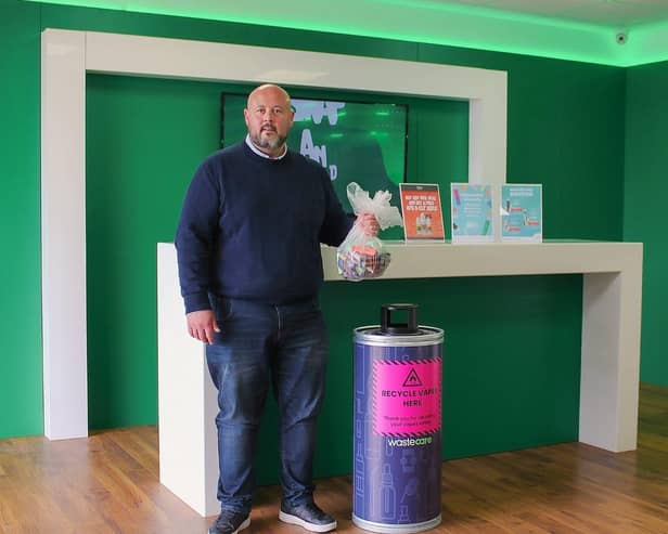 Doug Mutter, VPZ Director, showcasing the new vape recycling bins
