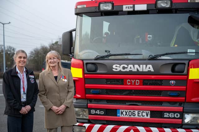 Cyd Pump Naming Chief Fire Officer Nikki Watson and Cyd with the newly named fire engine /NFRS