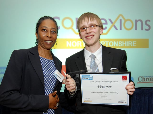 2010: Term Time Education Awards at Freemasons Hall and Conference Centre, St Georges Ave, Northampton. Marissa Jacobs form Connexions presents the Outstanding Pupil Award to Adam Gravely of Guilsborough School.