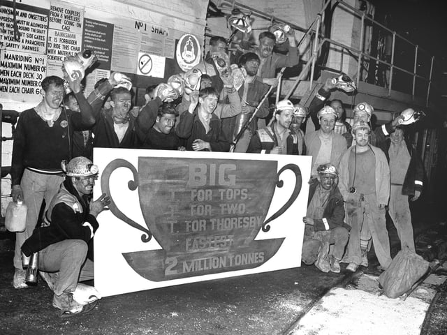 Miners celebrating two million tonnes in February 1989