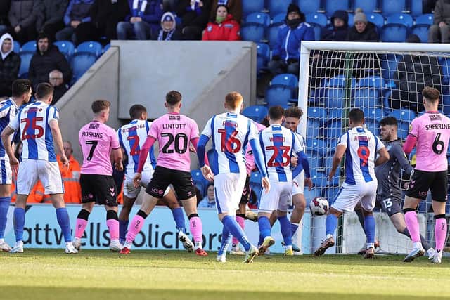 Louis Appéré opens the scoring with a close-range finish against Colchester. Picture: Pete Norton.