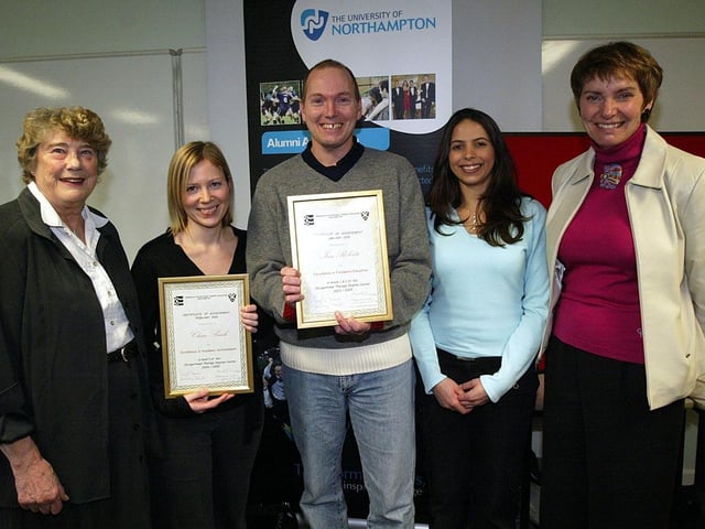 University of Northampton students receiving awards from the Friends of Occupational Therapy. Pictured: Beryl Warren, secretary of the Friends of Occupational Therapy Education in Northampton, Claire Beech, student, receiving an award for excellence in academic achievement, Bonnie Woods, student, receiving bursary award to attend College of Occupational Therapists National Conference, Ian Roberts, student, receiving an award for excellence in practice education and Annie Turner, professional lead in Occupational therapy.