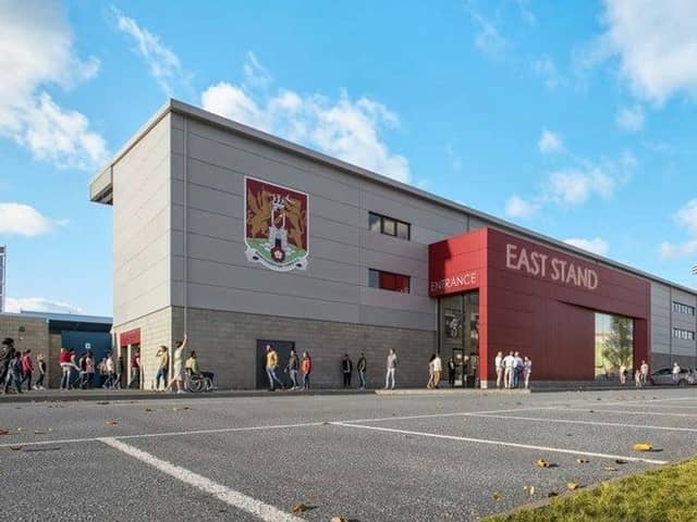 A CGI of the outside of the East Stand