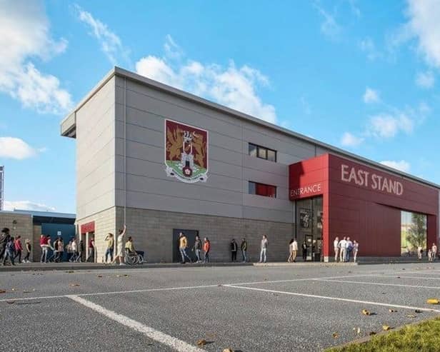 A CGI of the outside of the East Stand