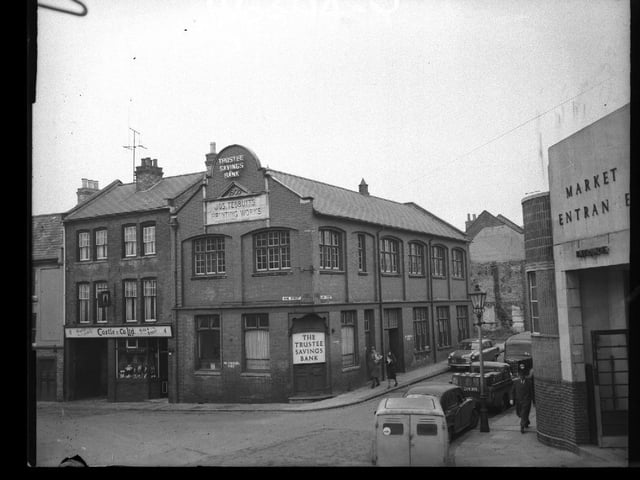 Drapery, Northampton and Jos Tebbutt's Printing Works building and entrance to the Fish Market, February 11, 1959