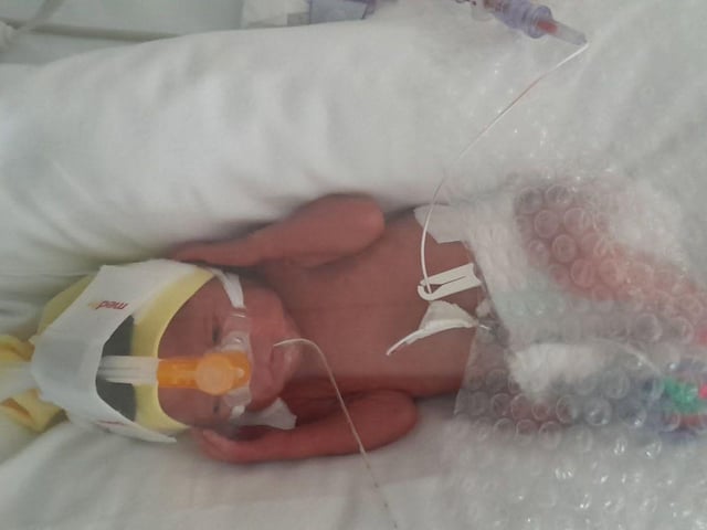 Jacob Bruce was born three months early at 26 weeks and six days at 9.49am on August 27 at Leicester Royal Infirmary, weighing 2lbs 2oz.