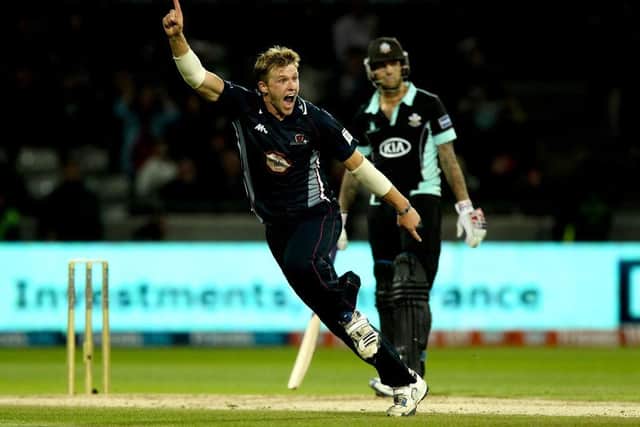 David Willey celebrates claiming his hat-trick and final wicket in the Steelbacks' 2013 T20 Final win over Surrey at Edgbaston