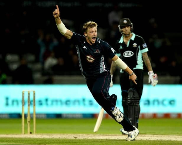 David Willey celebrates claiming his hat-trick and final wicket in the Steelbacks' 2013 T20 Final win over Surrey at Edgbaston