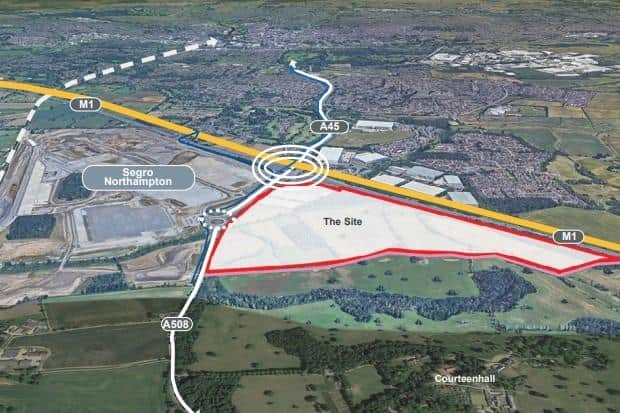 The site sits between the A508 Northampton Road and Washbrook Lane, close to Grange Park and the existing Northampton Gateway development.