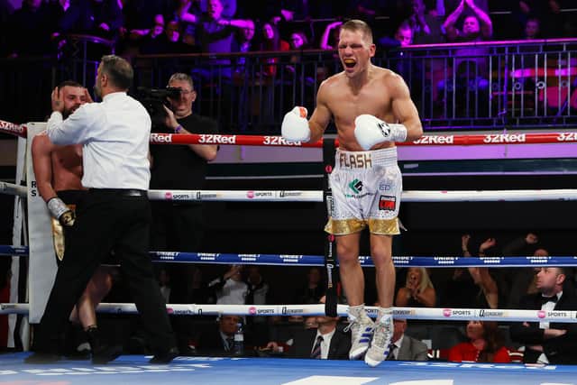 Ash Lane celebrates his victory over Chris Bourke at York Hall on Friday night (Photo by James Chance/Getty Images)