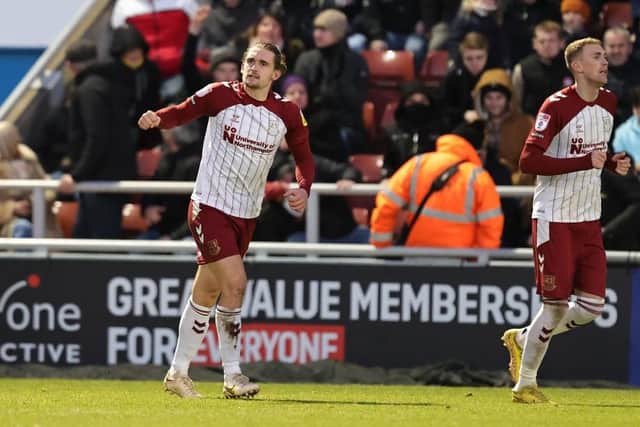 Ben Fox celebrates after scoring his side's goal during the Sky Bet League Two between the Cobblers and Leyton Orient at Sixfields (Photo by Pete Norton/Getty Images)