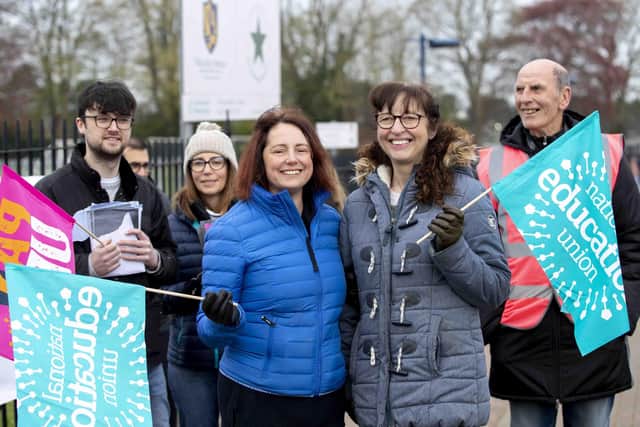 The picket line at Malcolm Arnold Academy was among many to be held across the county today (April 27). Photo: Kirsty Edmonds.