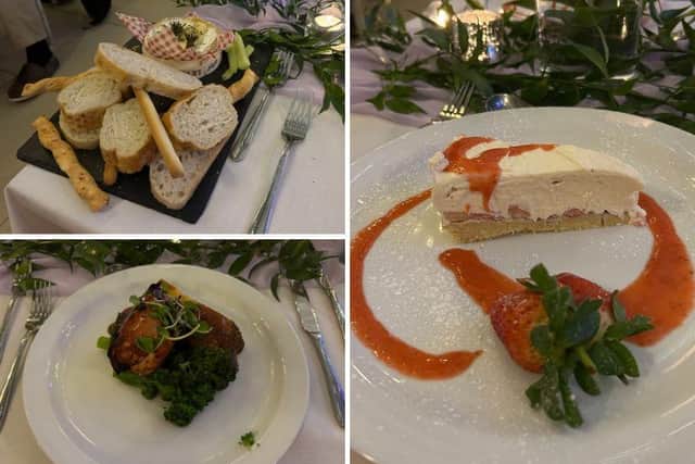 The starter, main and dessert at The Church's five-course Valentine's event on February 14.