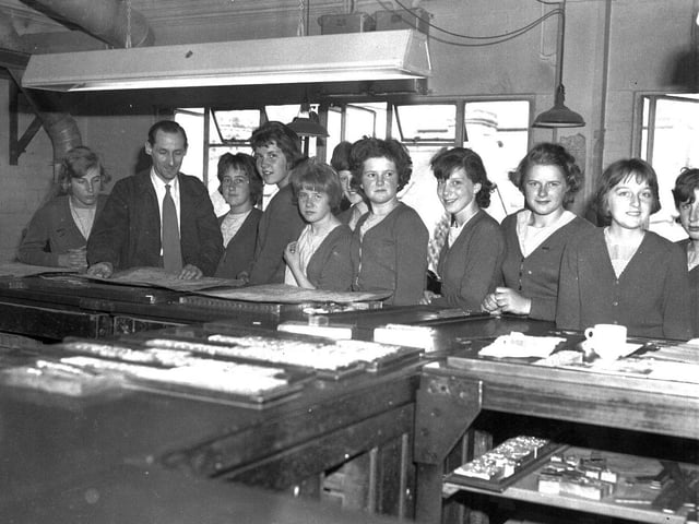 Schoolgirls visit the Chron's old Market Square, Northampton,printing works, July 9, 1962
