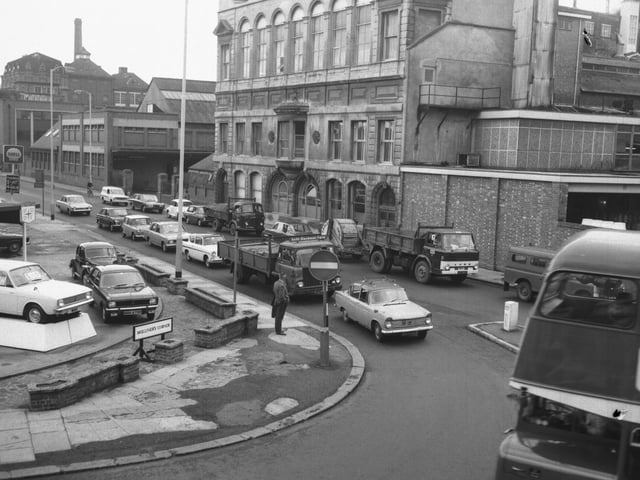 Traffic at Mulliners's Corner, bottom of Bridge Street, Northampton, July 27, 1970