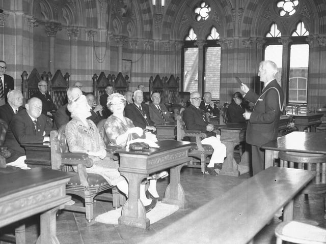 Looking Back old glass negs
July 24, 1959
Northampton Mayor George Nutt meets Australian bowlers in the Guildhall council chamber