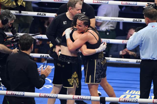 Chantelle Cameron and Katie Taylor embrace at the end of their fight (Picture: Matthew Pover/ Matchroom Boxing)