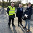 Mr Pothole, Cllr Ian McCord and Will Hollis from GB News inspect the A5
