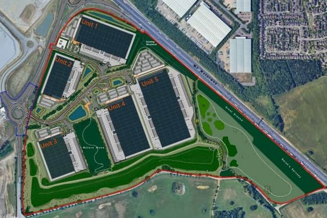 According to plans, the proposal is for a large employment site with warehouses, industrial units and some office space, along with a small café for workers.