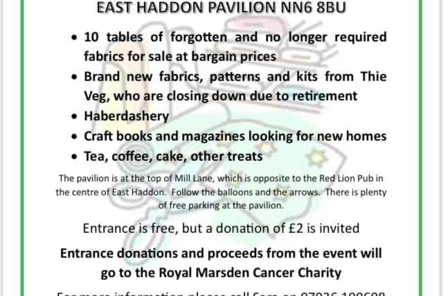 Forgotten Fabric Sale. 30th July 2023 at East Haddon Pavilion. 12.30-5.30