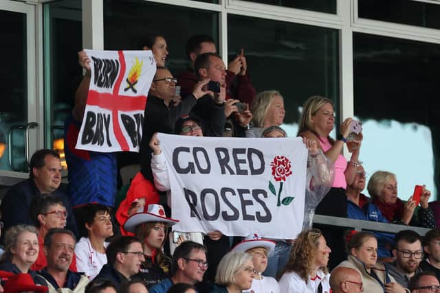 Fans of England show their support as they hold handmade signs prior to the Women's Rugby World Cup 2025 Pool A match between England and Samoa at Franklin's Gardens on August 30, 2025 in Northampton, England. (Photo by David Rogers/Getty Images)