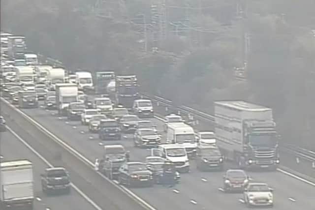 Traffic is building on the M1 near Northampton.