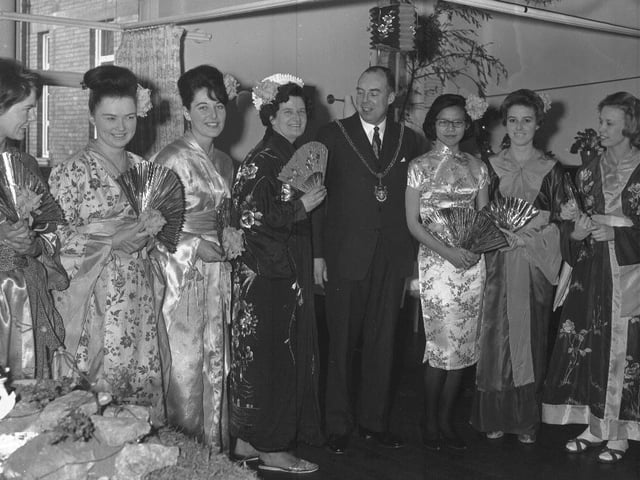 Northampton Mayor J B Corrin visiting Northampton General Hospital at Christmas, 1964.