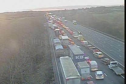 Drivers are warned of long delays on the M1 near Daventry after a collision. Photo: Motorway Cameras.