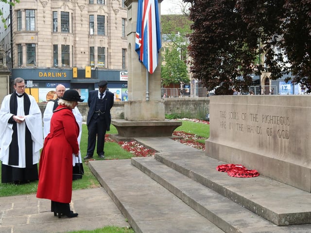 A flag raising service took place at The Guildhall, followed by service in the memorial gardens at All Saints Church, on Thursday May 8.