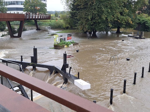 High river levels at the University of Northampton Waterside campus.