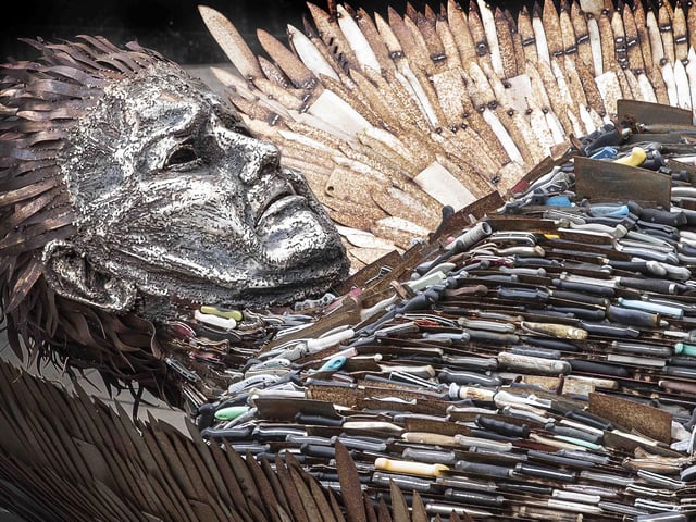The statue is made from more than 100,000 weapons and blades seized by the England and Wales' 43 police forces