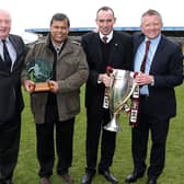 Derek Banks (second from left) pictured with Graham Carr, Kelvin Thomas and Chris Wilder on the day the Cobblers celebrated their Sky Bet League Two title success in April, 2016