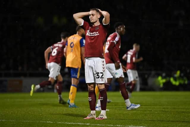 Cobblers striker Danny Rose shows his disappointment as a chance goes begging against Mansfield Town